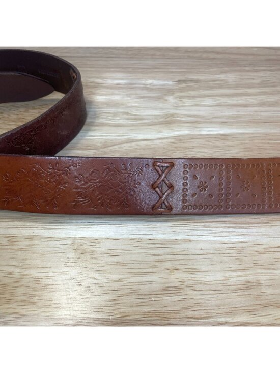 Fossil Whipstitch Tooled Leather Belt Women M Brown Boho Hippie